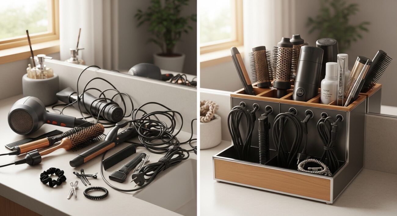 Jak przechowywać akcesoria do stylizacji włosów, żeby nie zamienić łazienki w magazyn kabli?