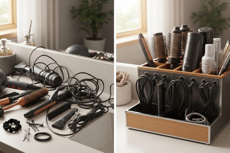 Jak przechowywać akcesoria do stylizacji włosów, żeby nie zamienić łazienki w magazyn kabli?
